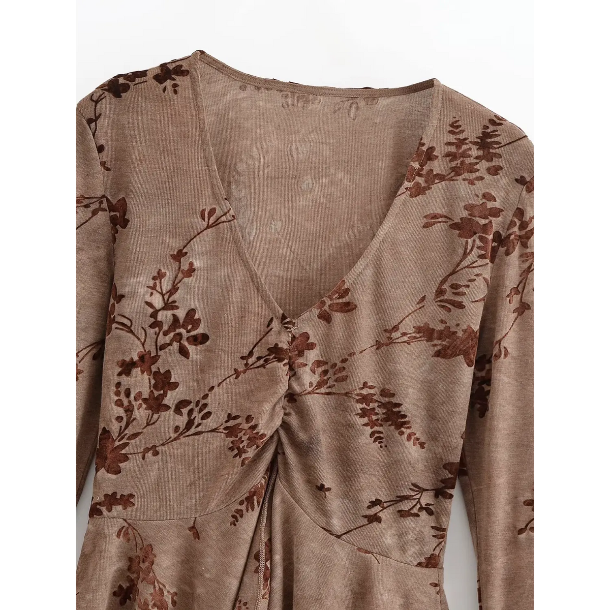 Close-up of V neck and center front ruching