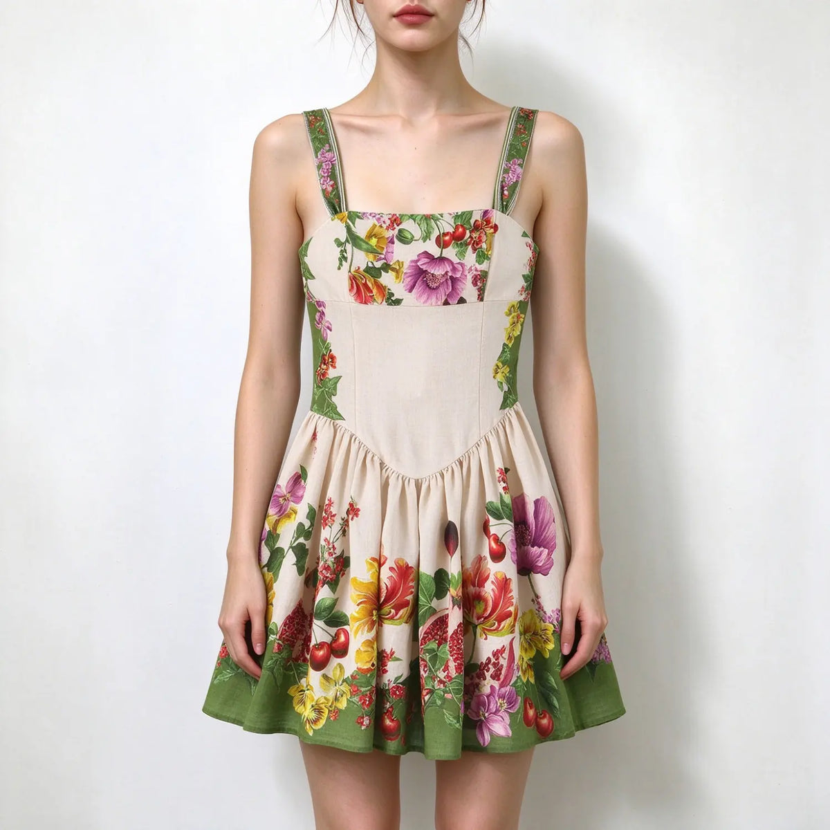 Model front view, square neck skater mini dress, wide printed shoulder straps, mixed floral fruit pattern, fitted bodice, gathered flared short skirt
