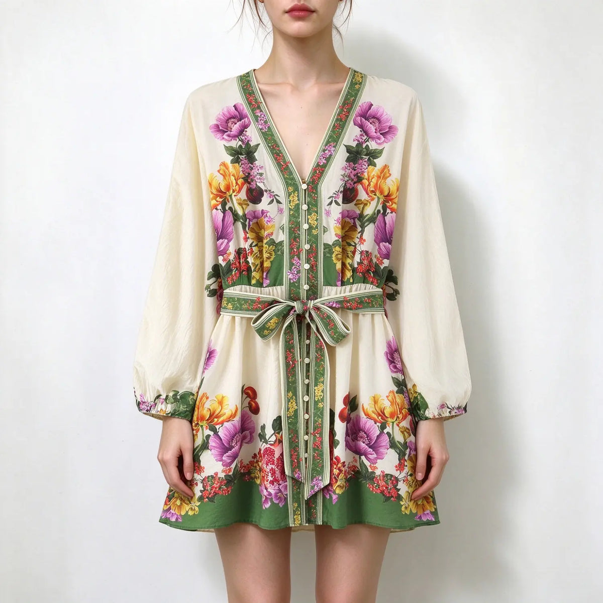 Model front view, bohemian V neck mini dress, colorful flower and fruit print, long puff sleeves, front button detail, self fabric belt tie at waist