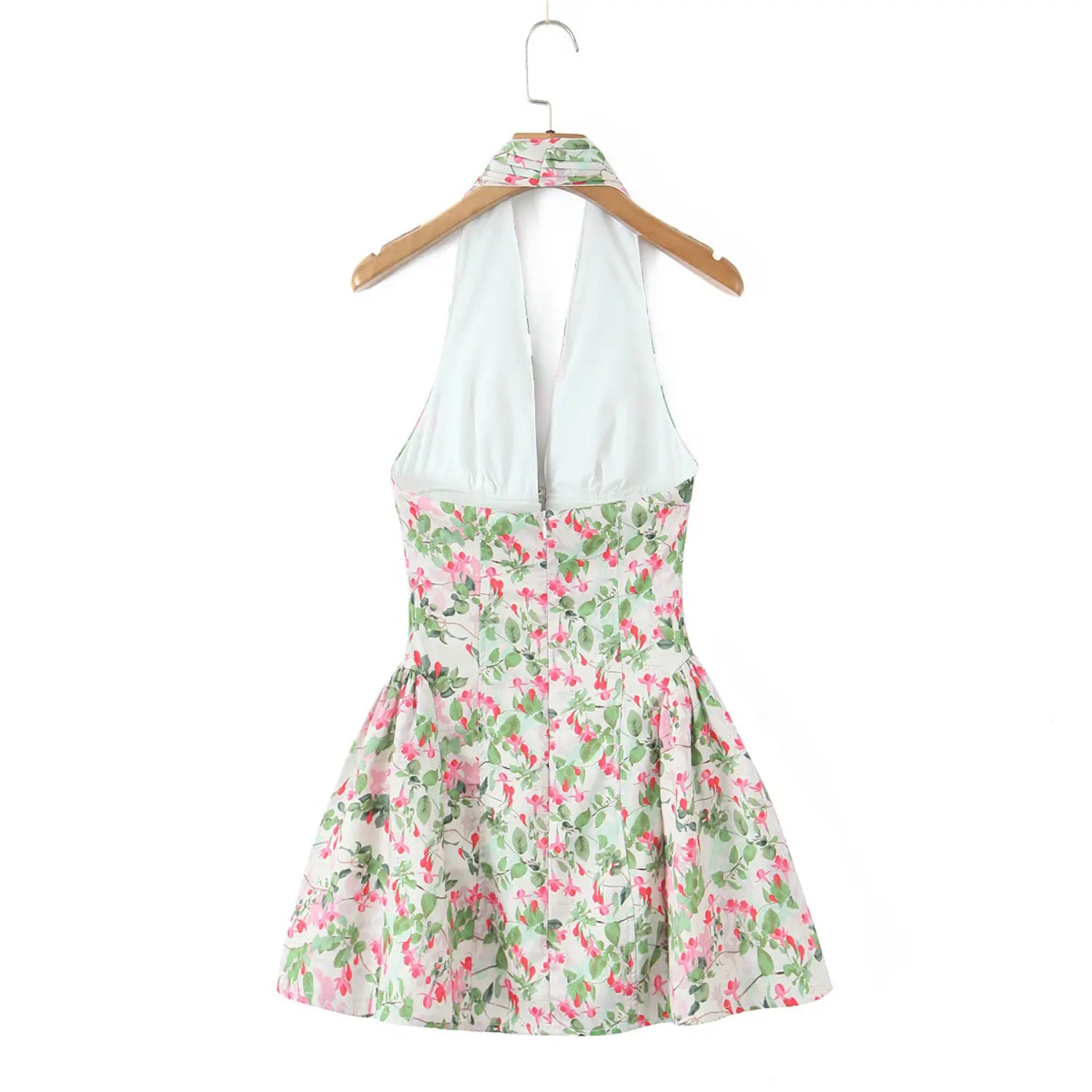 Full back flat lay, high halter neck, open back, central invisible zipper, fitted corset waist, full gathered flared skater mini skirt, full white lining inside
