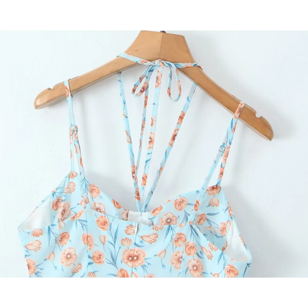 Close-up of back halter tie and zipper