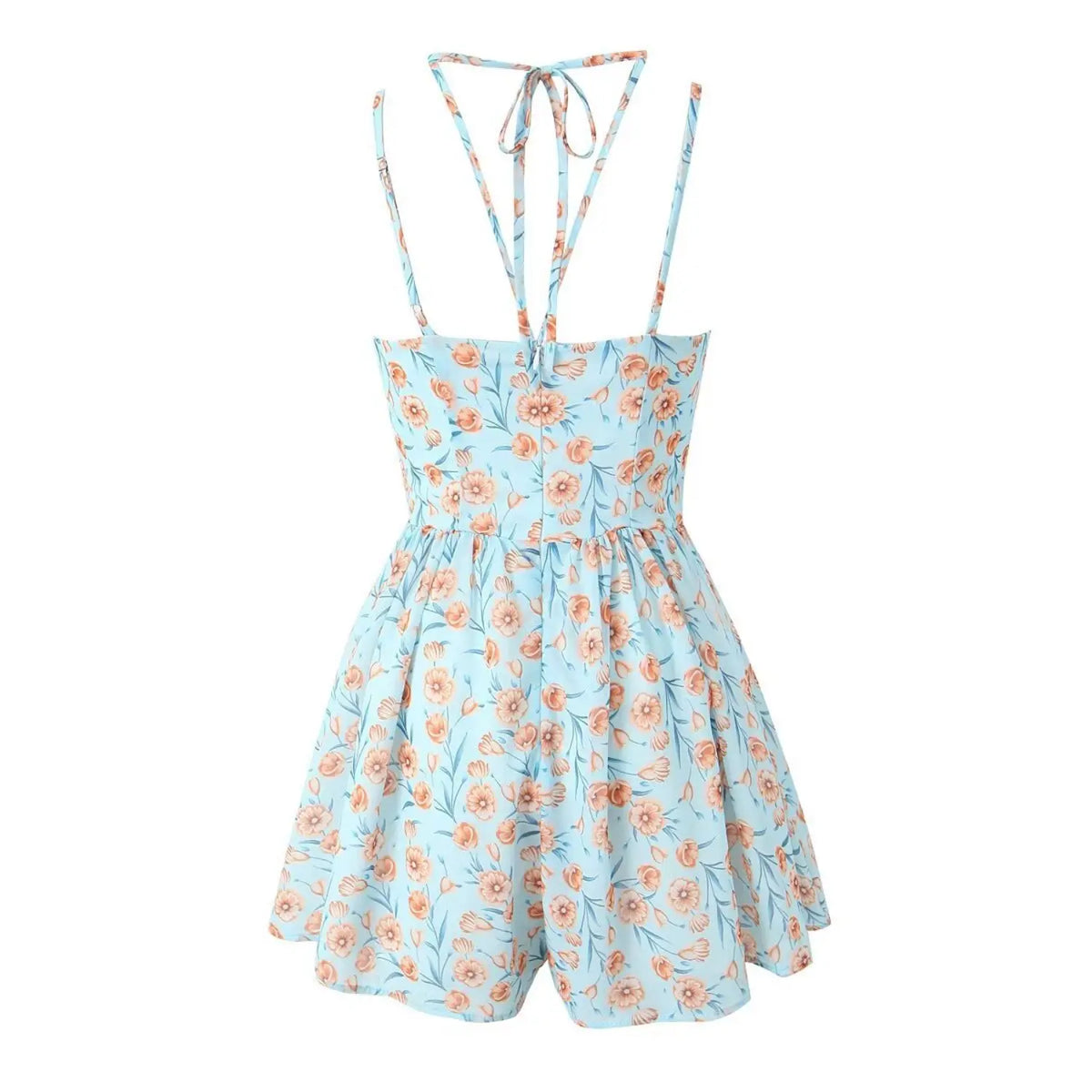 Blue floral halter mini dress, back flat lay