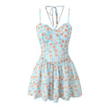 Blue floral halter sweetheart ruffled mini dress, front flat lay