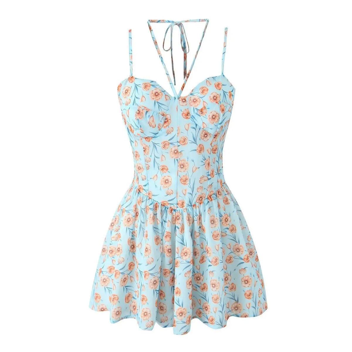 Blue floral halter sweetheart ruffled mini dress, front flat lay