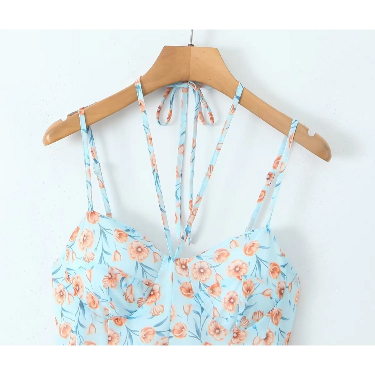 Close-up of halter tie and sweetheart neckline