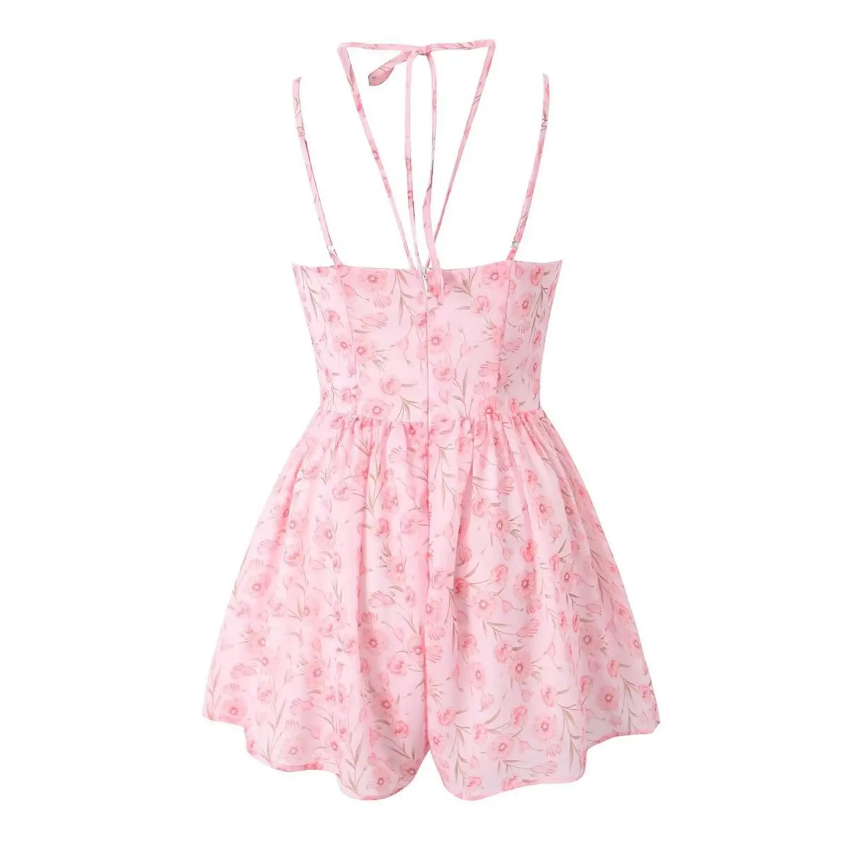 Pink floral halter mini dress, back flat lay