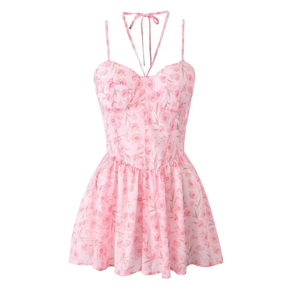 Pink floral halter sweetheart ruffled mini dress, front flat lay