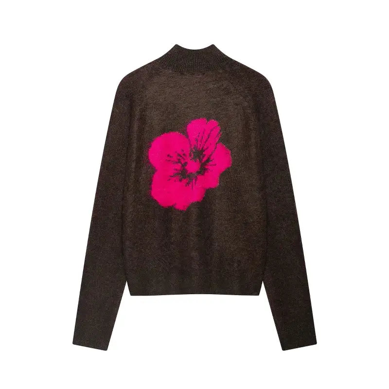 Floral intarsia mock neck brushed knit sweater, back flat lay