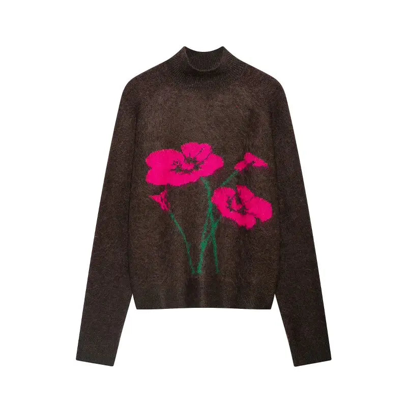 Floral intarsia mock neck brushed knit sweater, front flat lay