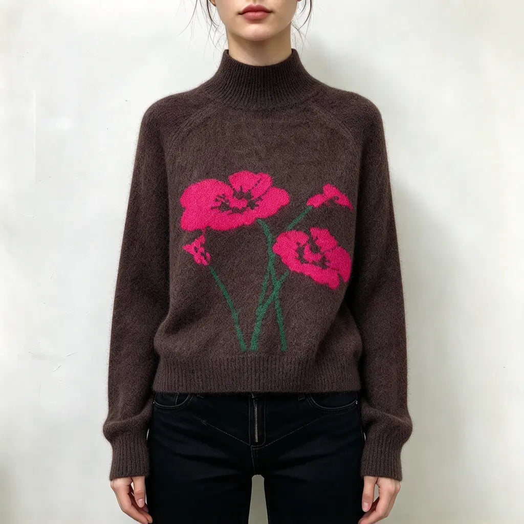 Model wearing floral intarsia mock neck brushed knit sweater with jeans, front view
