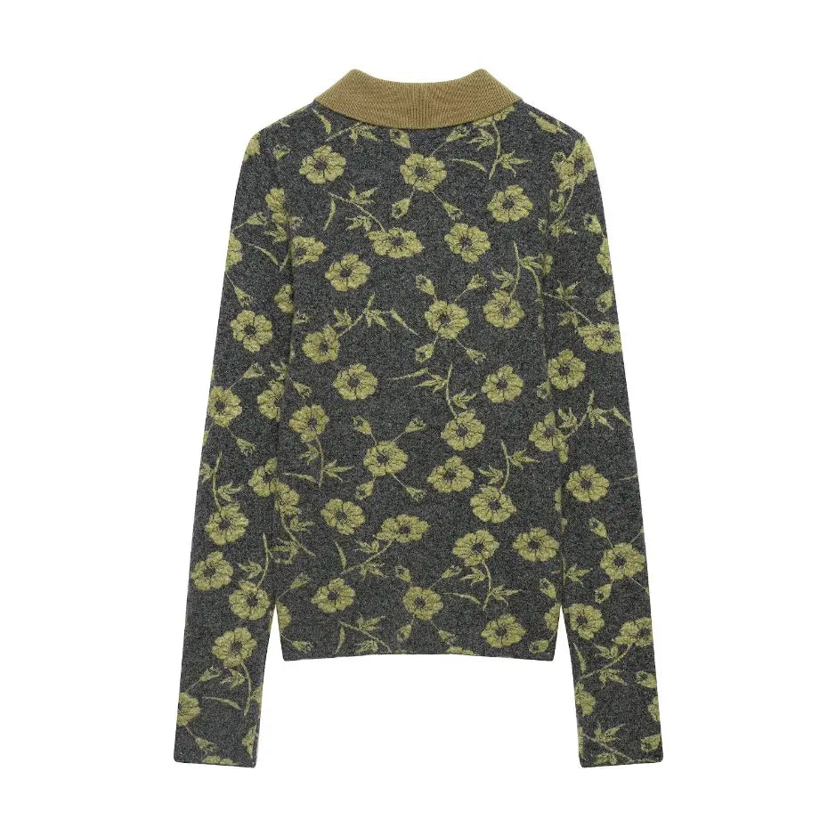 Floral intarsia polo collar button knit sweater flat lay, back view