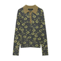 Floral intarsia polo collar button knit sweater flat lay, front view