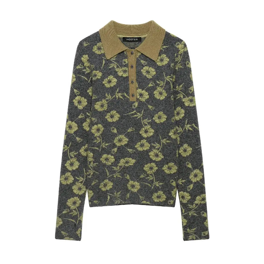 Floral intarsia polo collar button knit sweater flat lay, front view