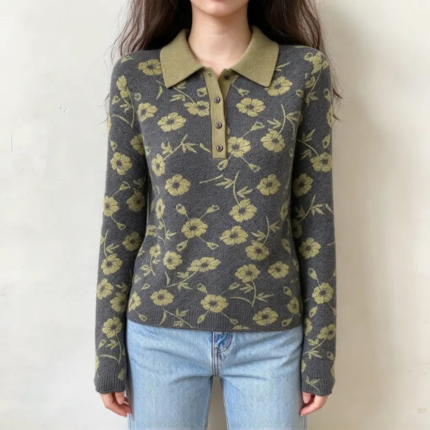 Model wearing floral intarsia polo collar button knit sweater with jeans, front view