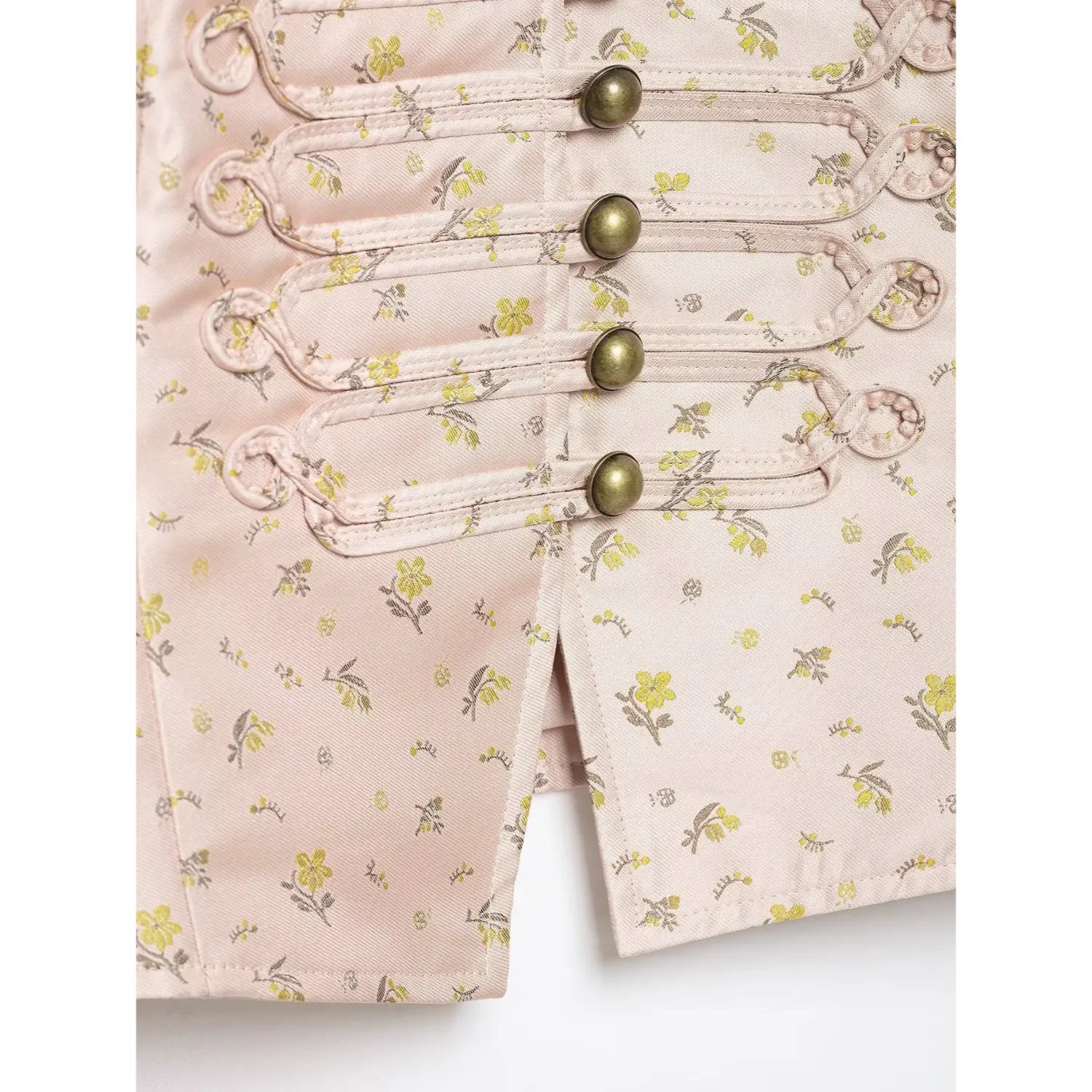 Front hem split and decorative loop stitching close-up pink small flower satin cropped jacket