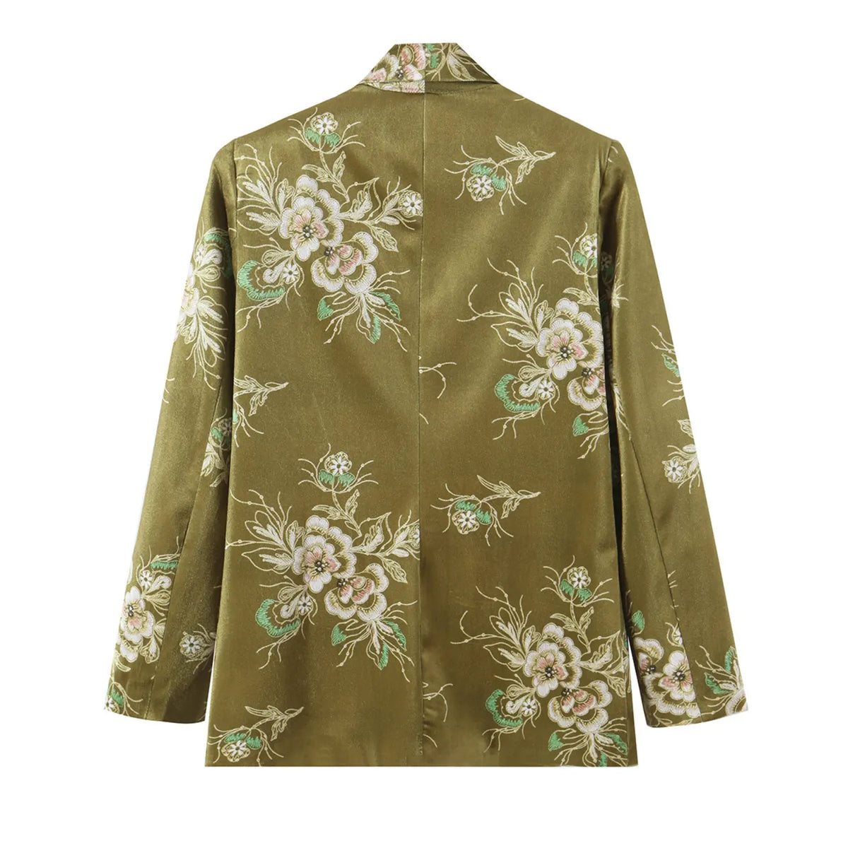 Olive floral jacquard shawl collar blazer, back flat lay