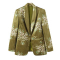 Olive floral jacquard shawl collar blazer, front flat lay
