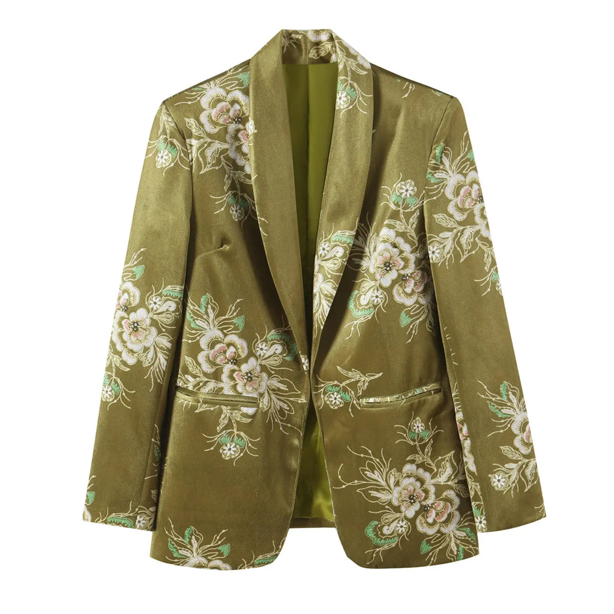 Olive floral jacquard shawl collar blazer, front flat lay