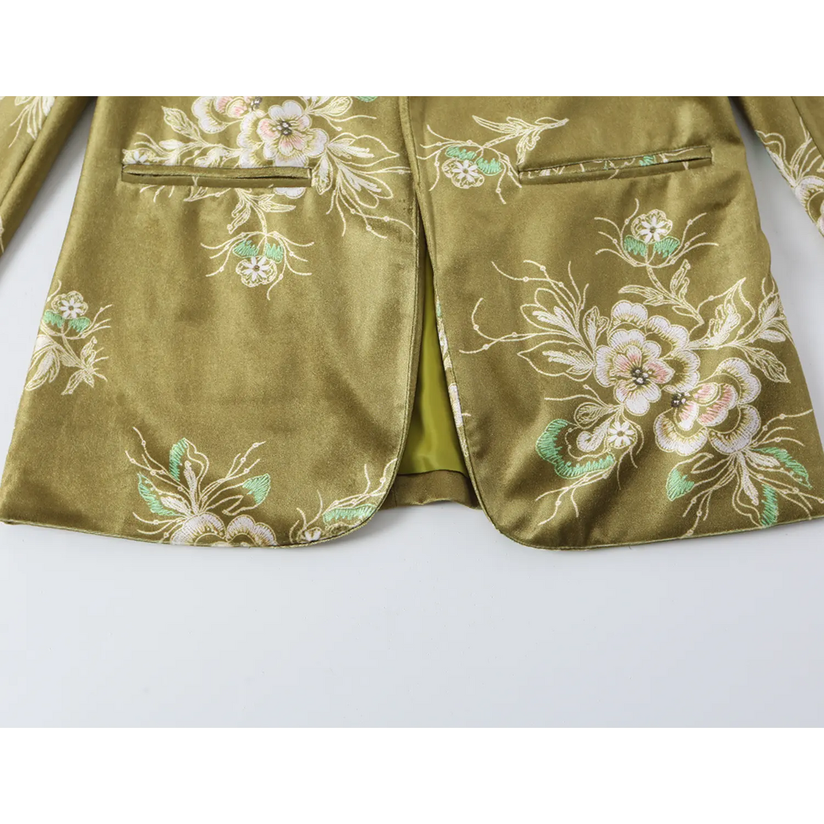 Close-up of front hem and lining