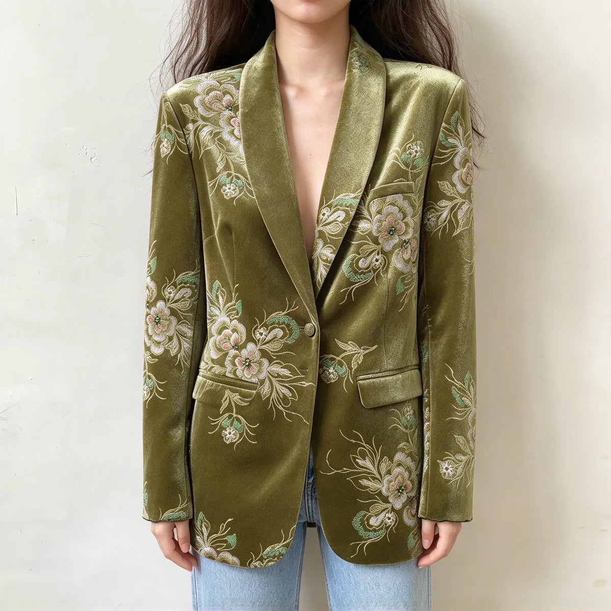 Model wearing olive floral jacquard shawl collar blazer, front view