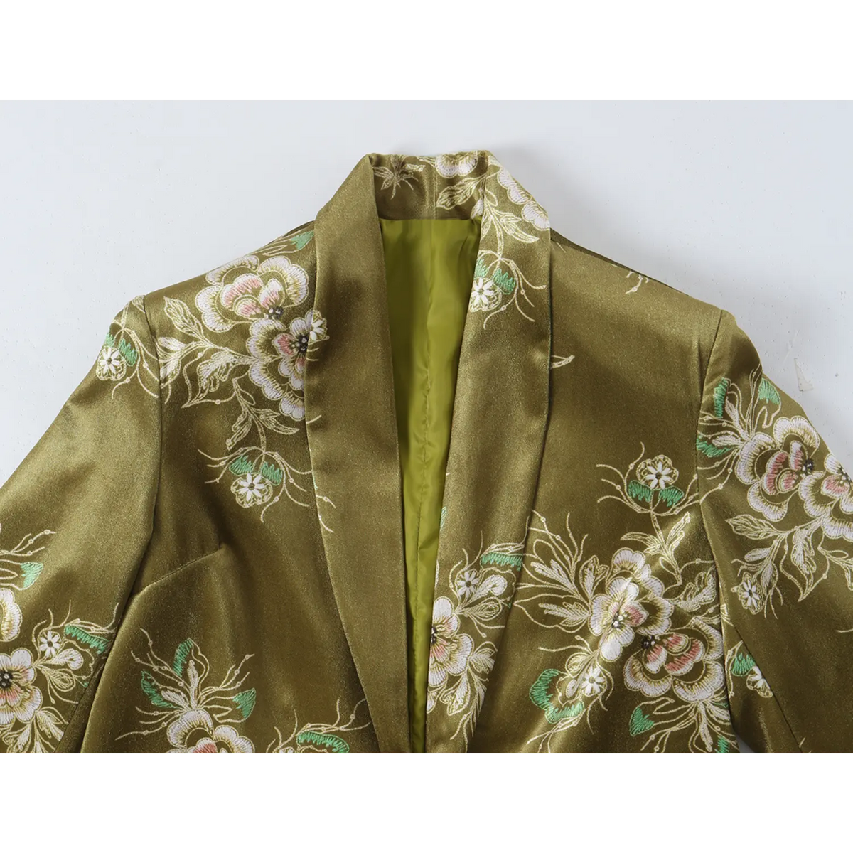 Close-up of shawl collar and floral jacquard