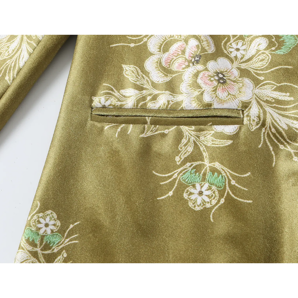 Close-up of welt pocket and floral jacquard