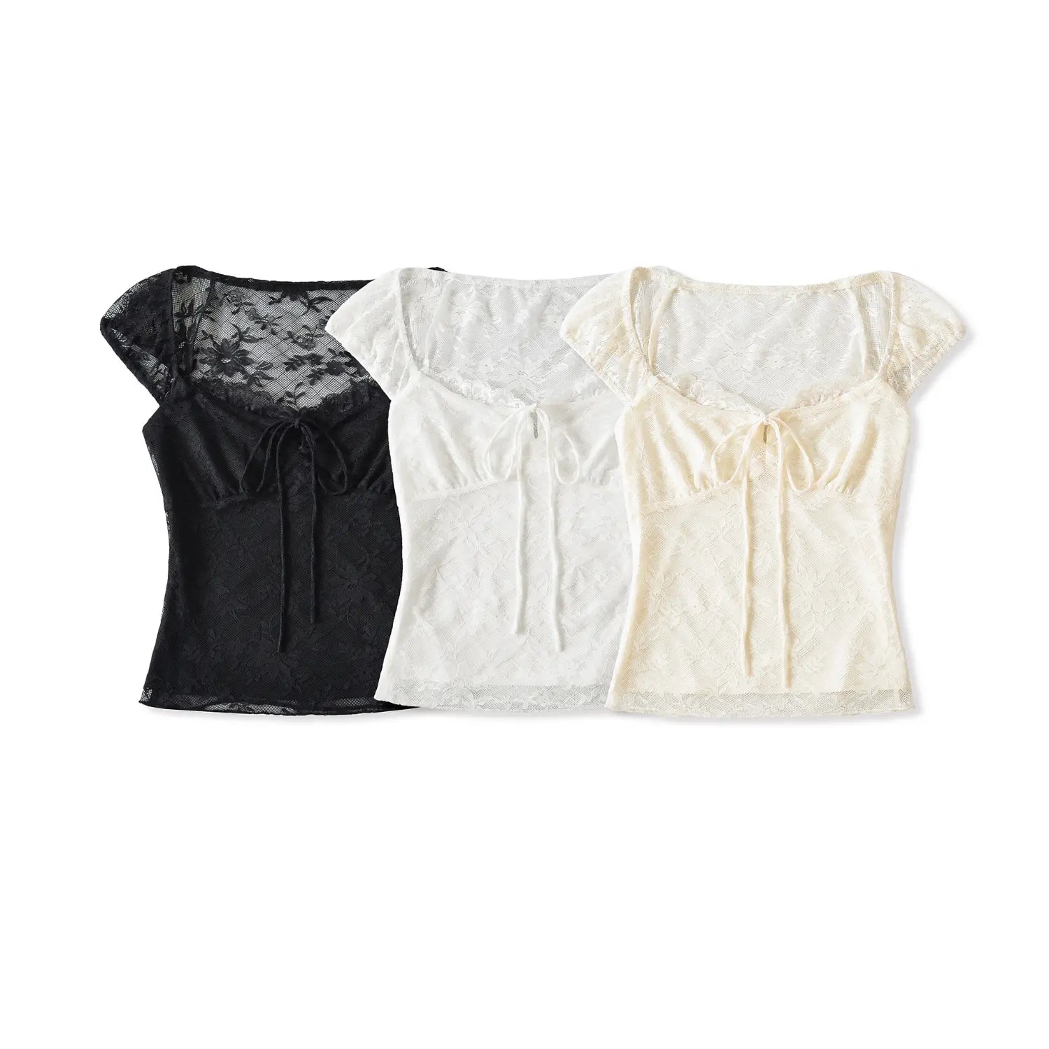Three color floral lace tie puff sleeve top white flat lay, black /white/cream apricot optional, square lace neckline adjustable front drawstring tie full 3D floral lace cap puff sleeves slim waist cropped top y2k feminine lace cami hero shot