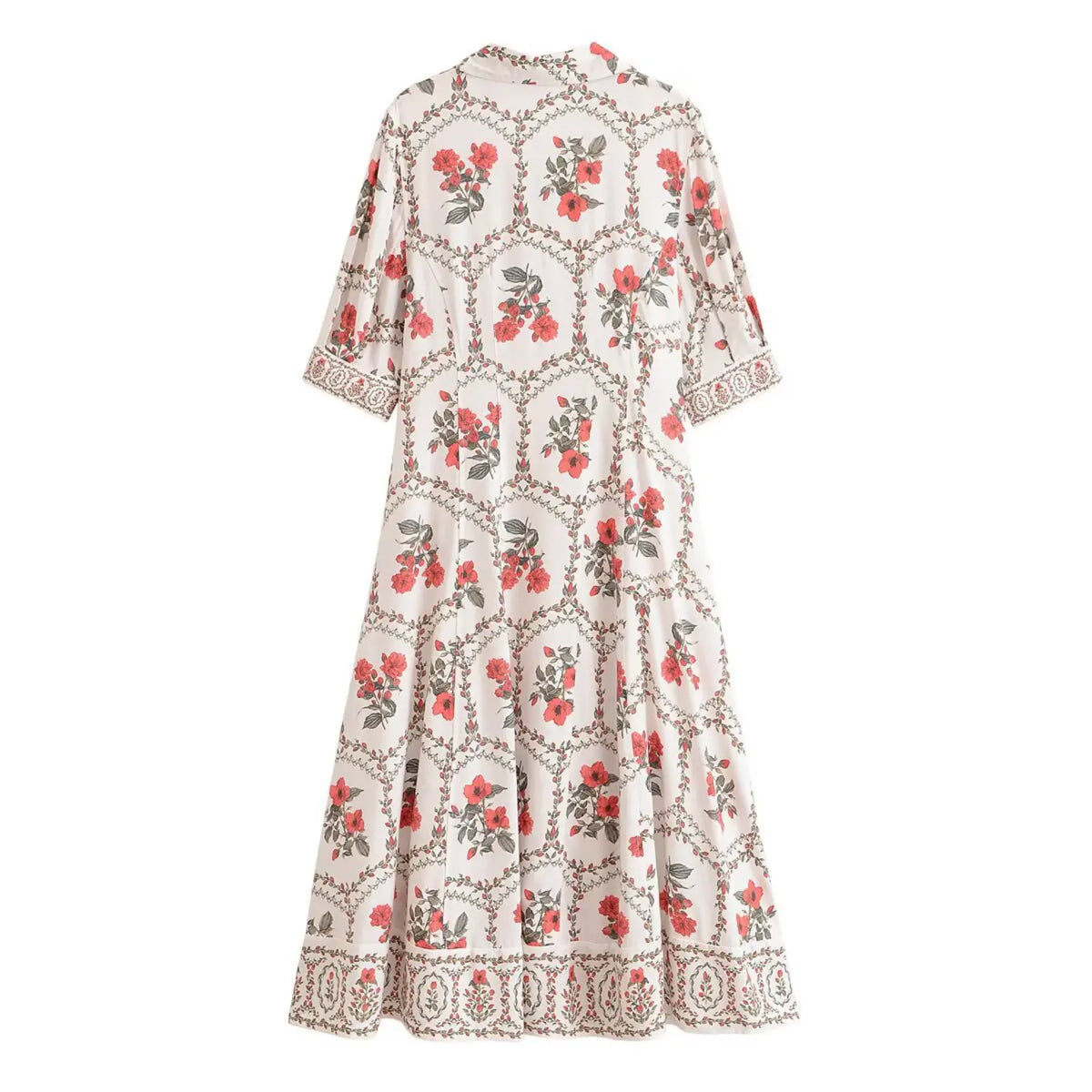 Back view of white base floral maxi shirt dress, all-over red botanical print, collar, elbow sleeves and flowy long skirt