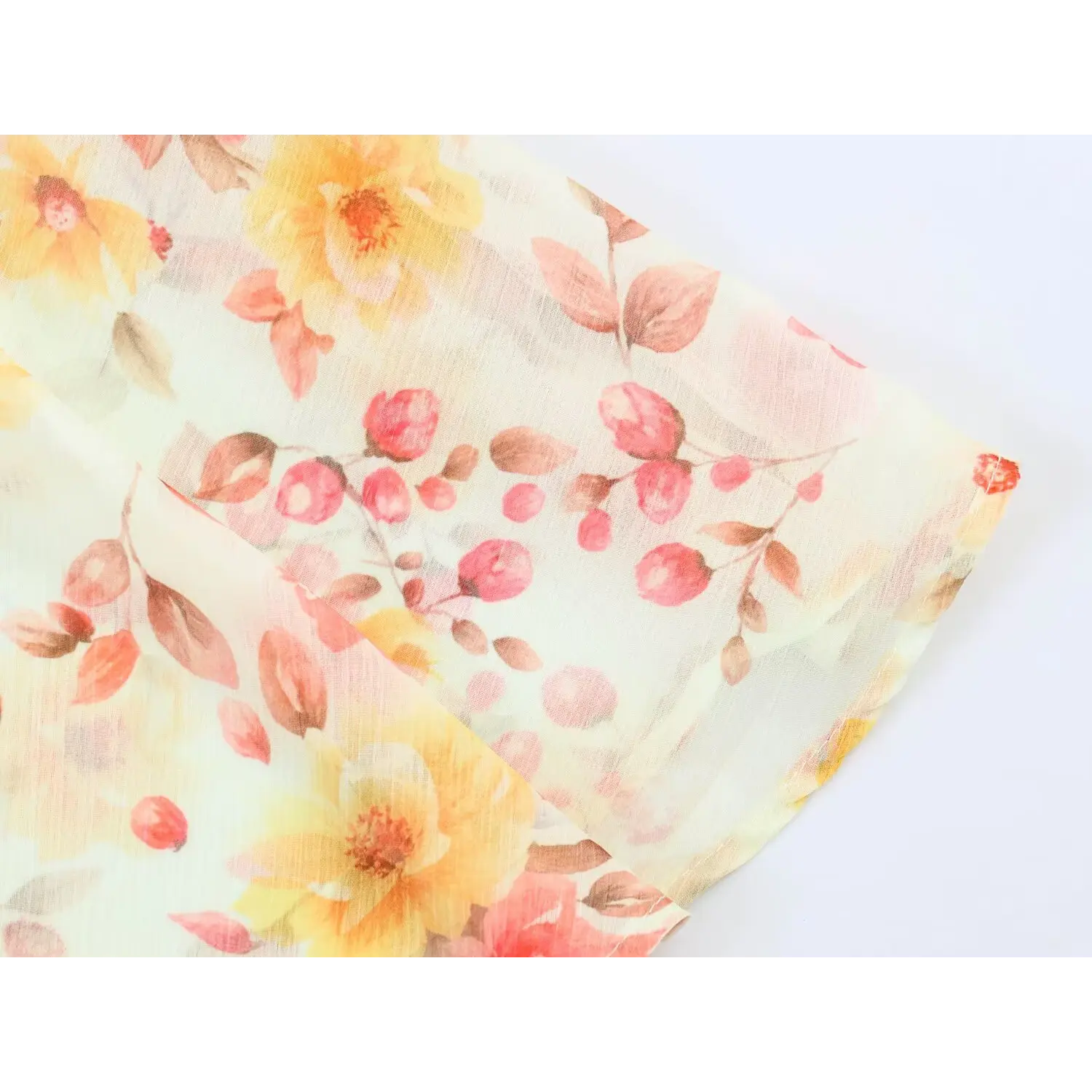 Close‑up of watercolor floral print on crinkle chiffon maxi dress skirt