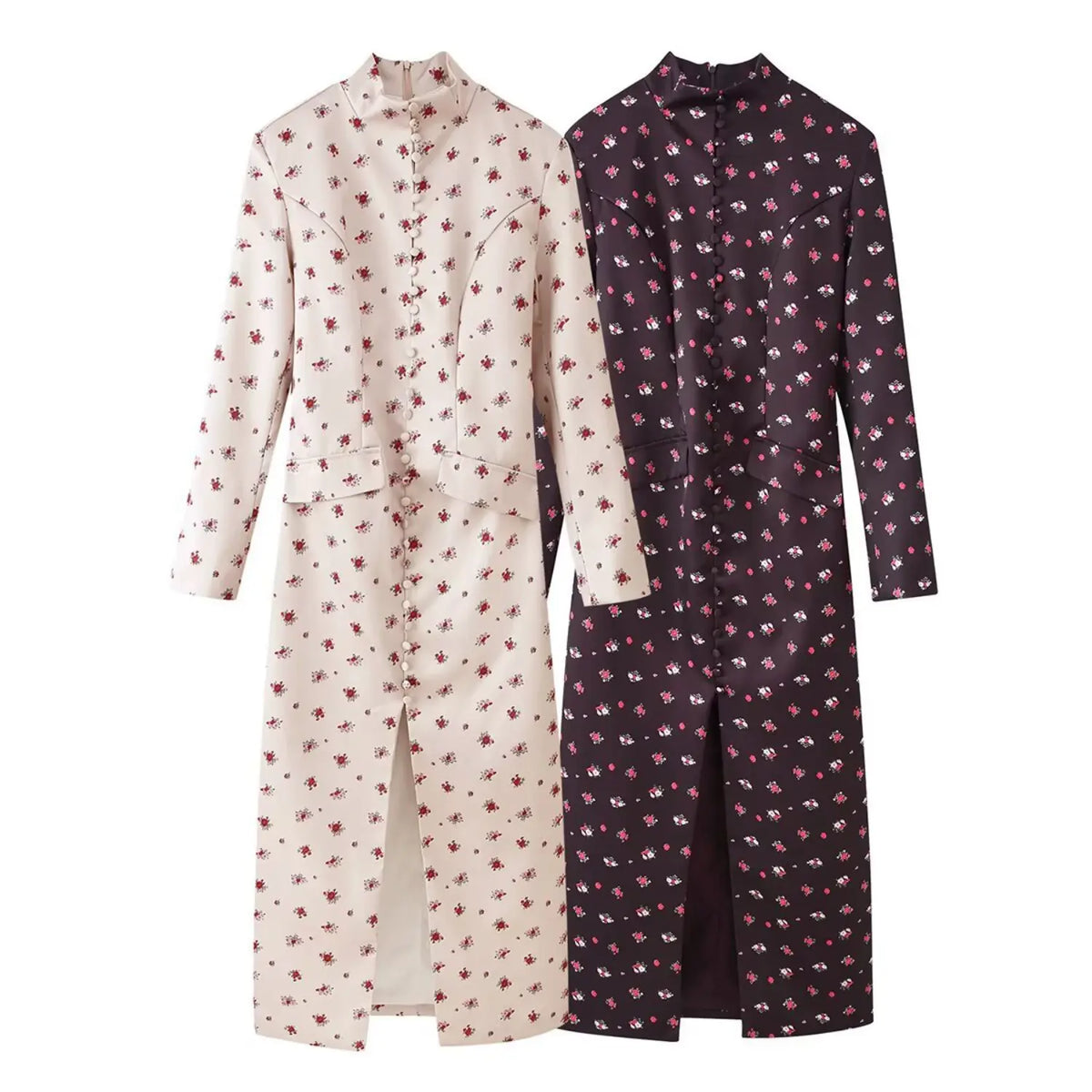 Two‑color display of long sleeve floral maxi dress, khaki and coffee ditsy rose print