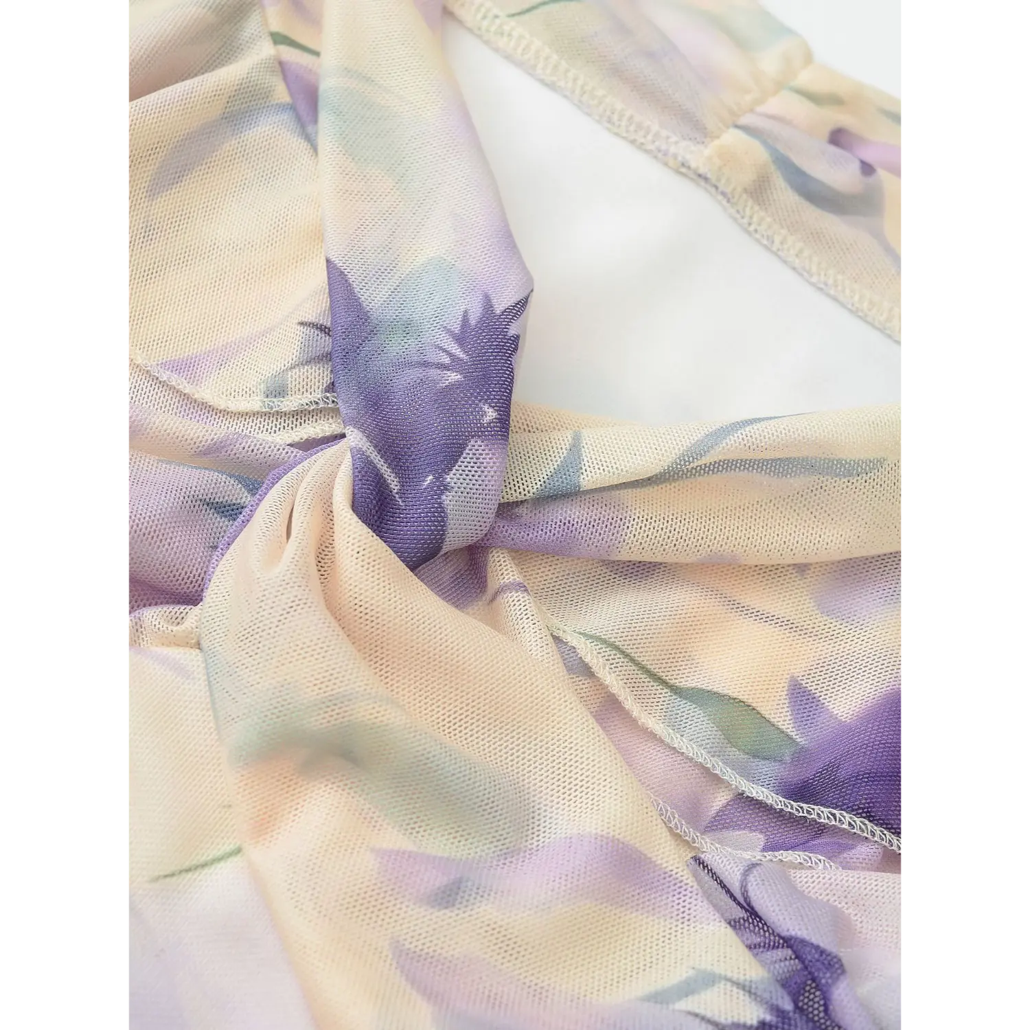 Floral mesh top front twist knot macro flat close-up, double mesh cross knot stitching fine breathable mesh print fabric neat lining splice white background craft shot