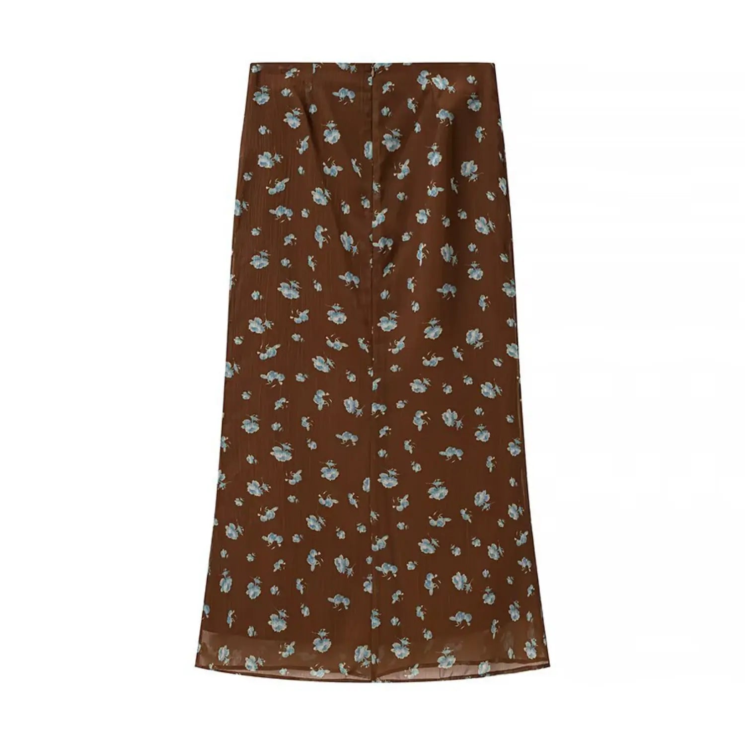 Skirt back flat view, center back hidden zipper, uniform floral chiffon outer with solid brown lining