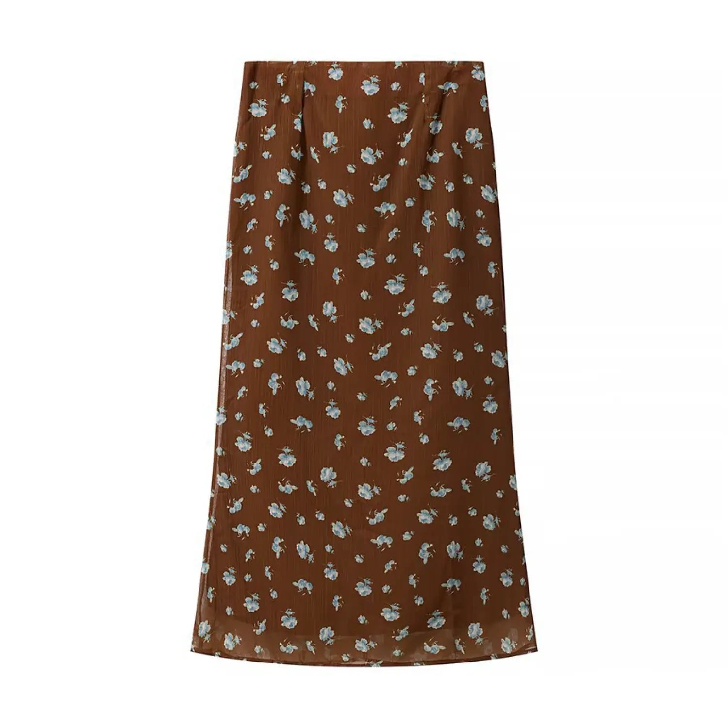 Long midi skirt front flat lay, high waist straight fit, full coffee blue floral print, lightweight semi-sheer chiffon
