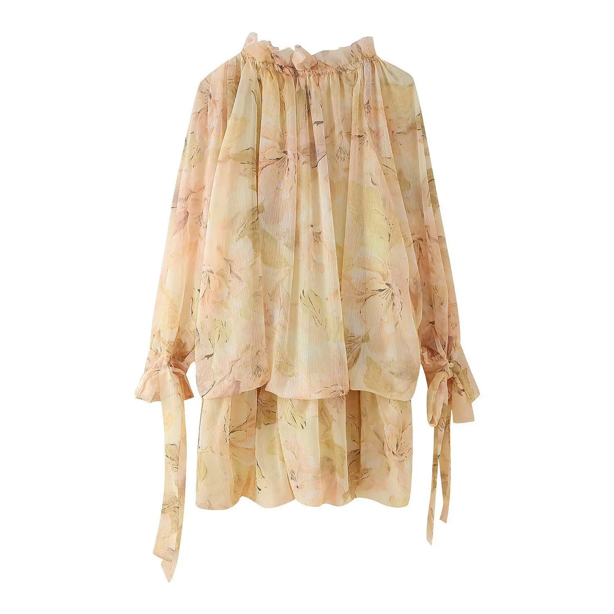 Back flat lay of floral off shoulder tiered mini dress