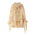 Front flat lay of floral off shoulder tiered mini dress
