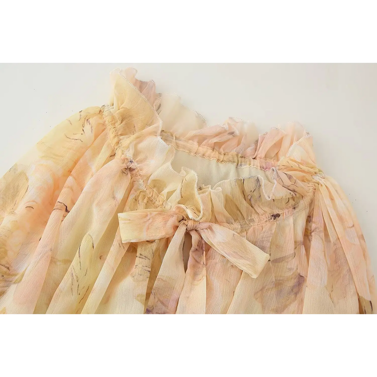Close-up of ruffled elastic neckline and tie bow