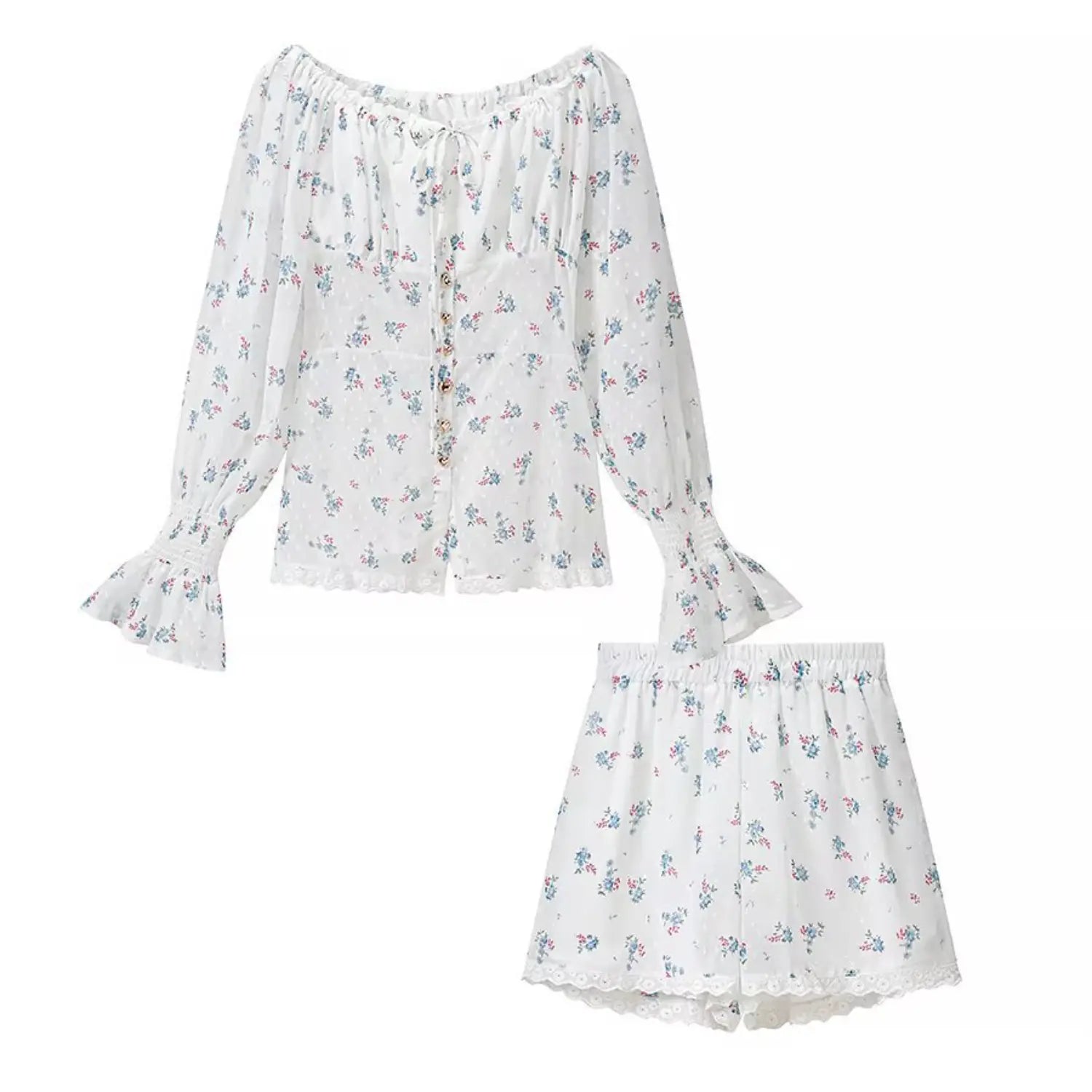 Full front flat lay two piece coord set, off shoulder floral long sleeve top + matching lace hem shorts, white swiss dot tiny blue flower print, heart metal button front, bust drawstring, smocked flare cuffs