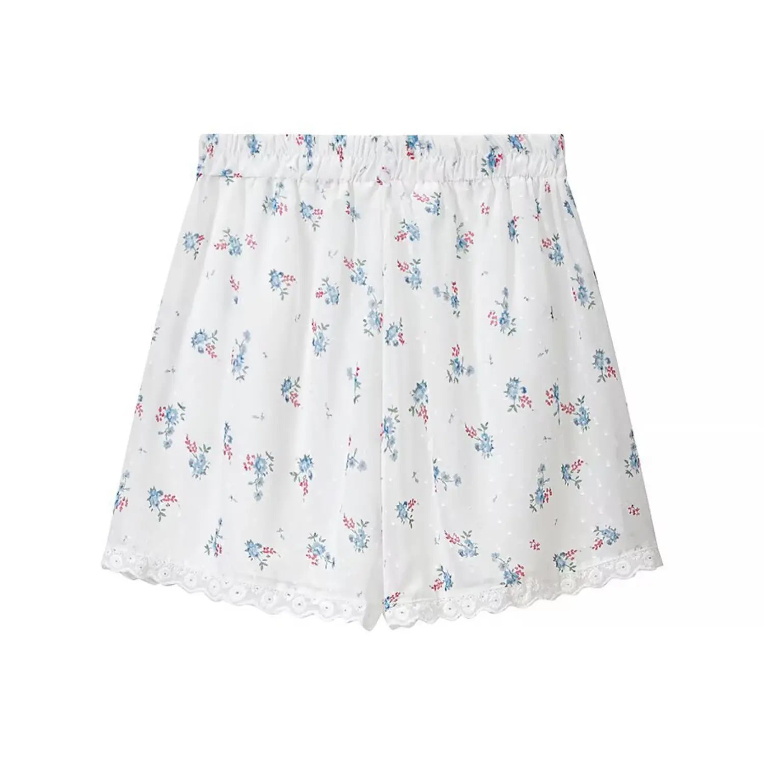 Full back flat lay floral matching shorts, full stretch elastic waist, uniform tiny blue red floral print, delicate scalloped lace hem edge