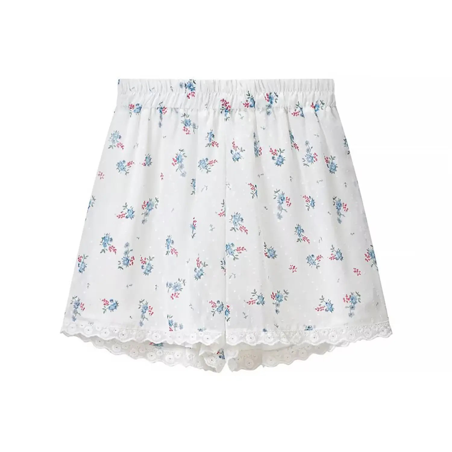 Full front flat lay matching floral print high waist shorts, full elastic waistband, scalloped eyelet lace bottom hem, loose A-line short silhouette
