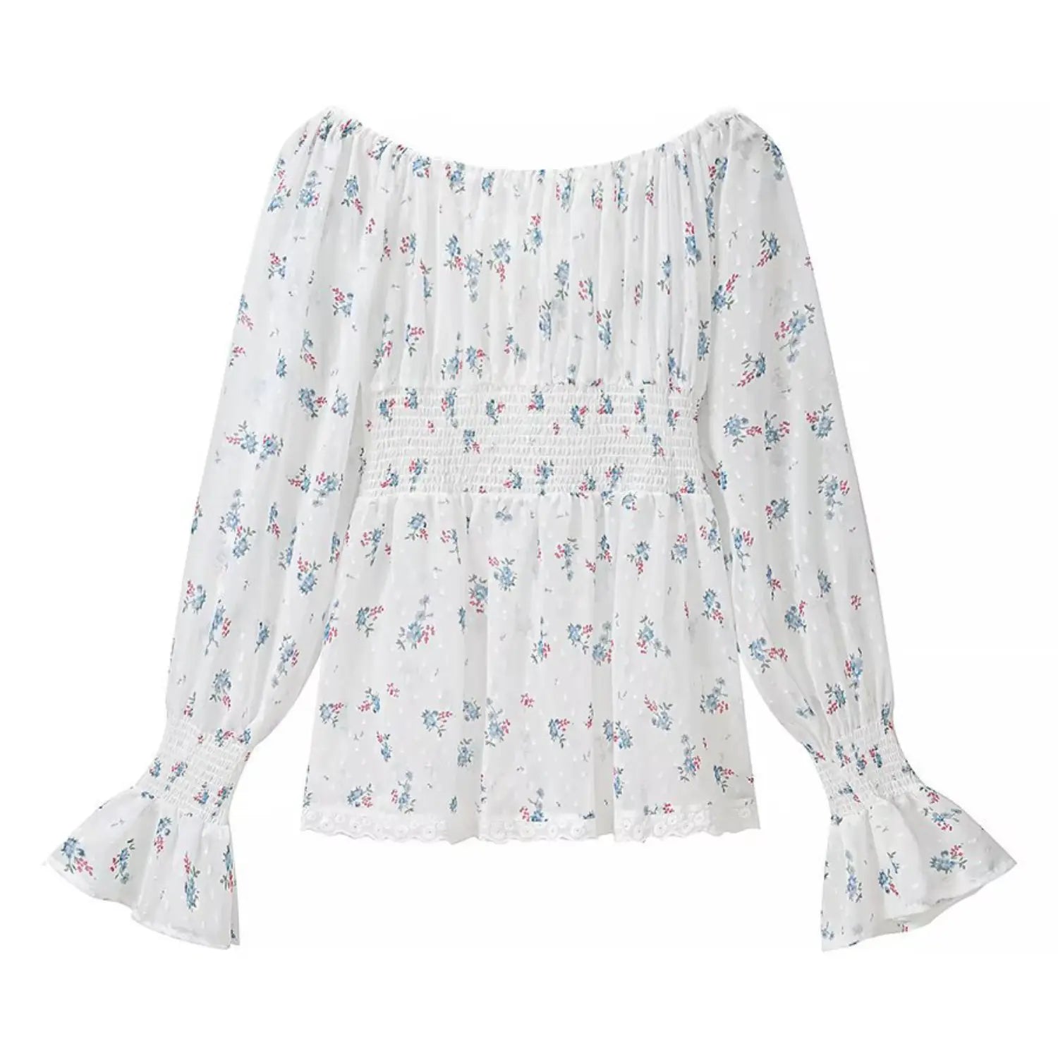 Full back flat lay off shoulder floral long sleeve top, all over back elastic shirring, ruffle elastic neckband, smocked flare cuffs, lace trimmed bottom hem, swiss dot crinkle fabric