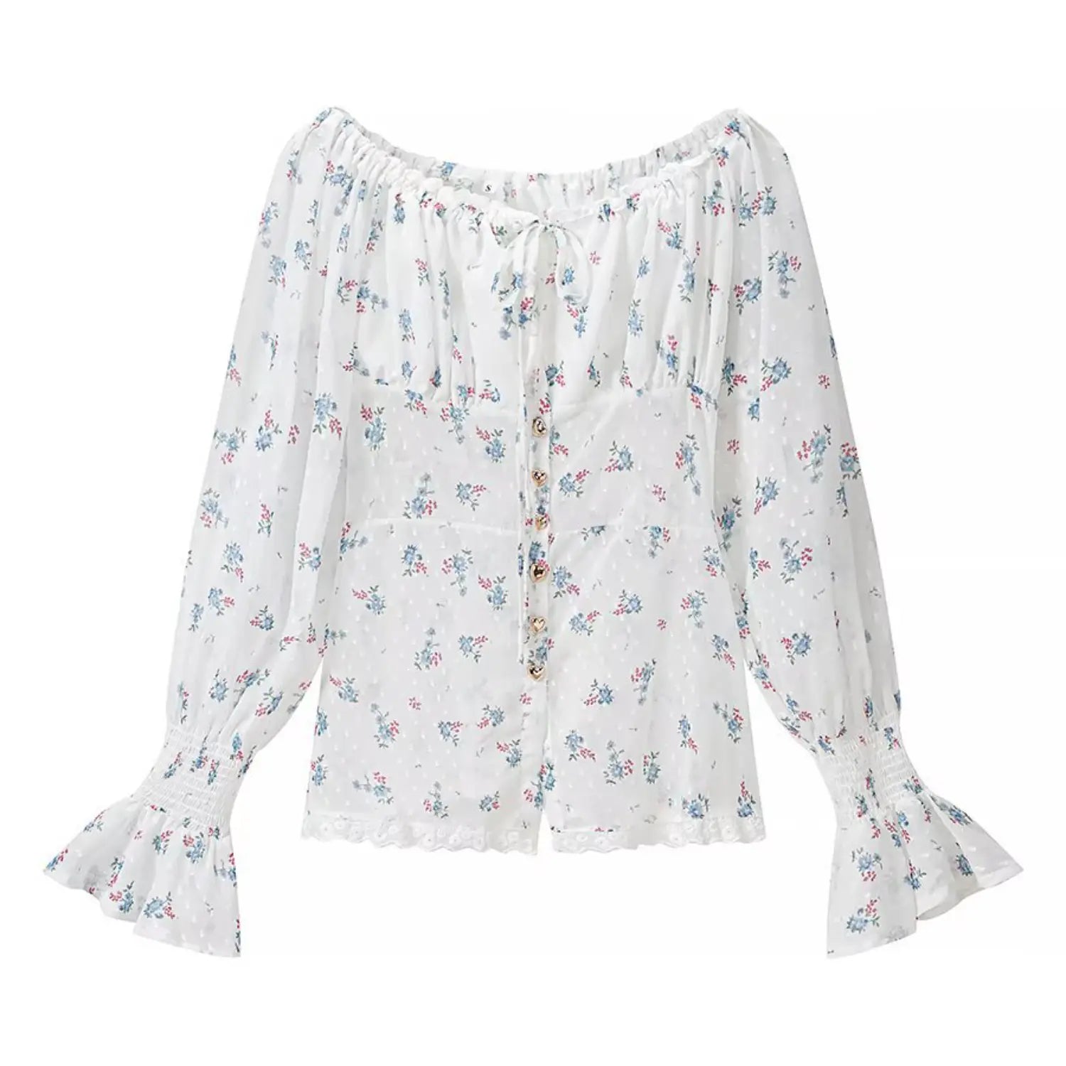 Full front flat lay off shoulder floral blouse, elastic ruffle off shoulder neck, bust self tie drawstring, vertical metal button placket, smocked flared long sleeves, lace trim hem