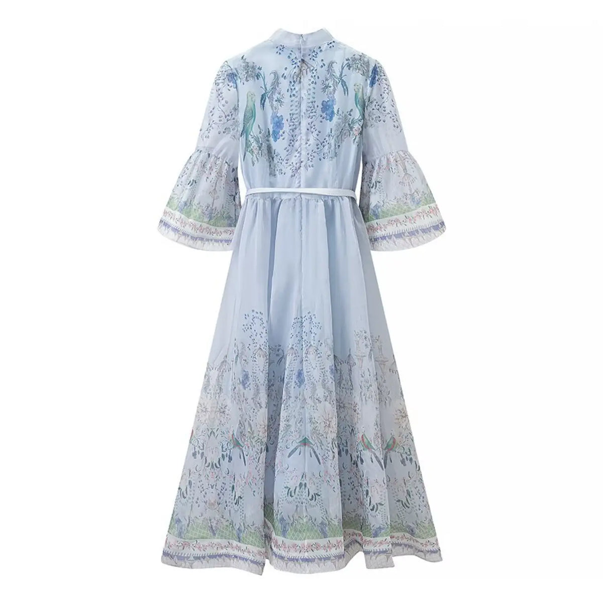 Back view of floral parrot print chiffon maxi dress, vintage botanical and bird pattern, back zipper, self waist belt