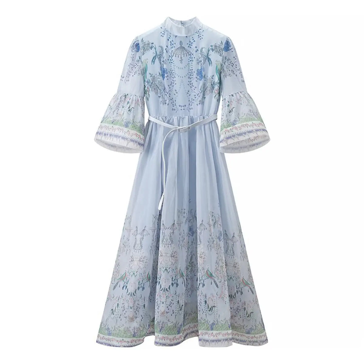 Front view of floral parrot print chiffon maxi dress, stand collar, flared bell sleeves, matching waist belt, flowy full length skirt
