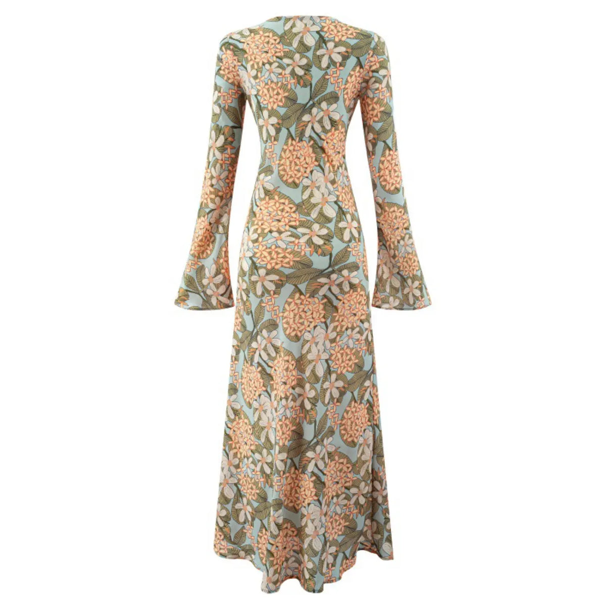 Back flat lay of floral print bell sleeve fitted midi dress