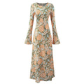 Front flat lay of floral print bell sleeve fitted midi dress