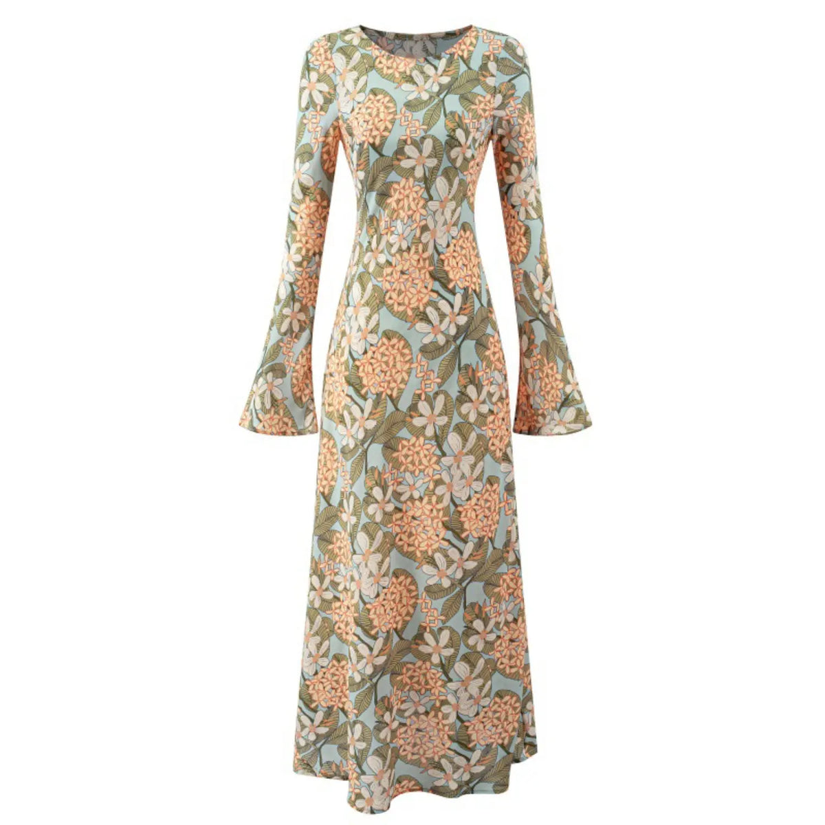 Front flat lay of floral print bell sleeve fitted midi dress