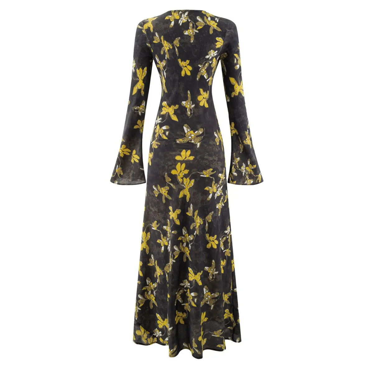 Back flat lay of floral print bell sleeve midi dress
