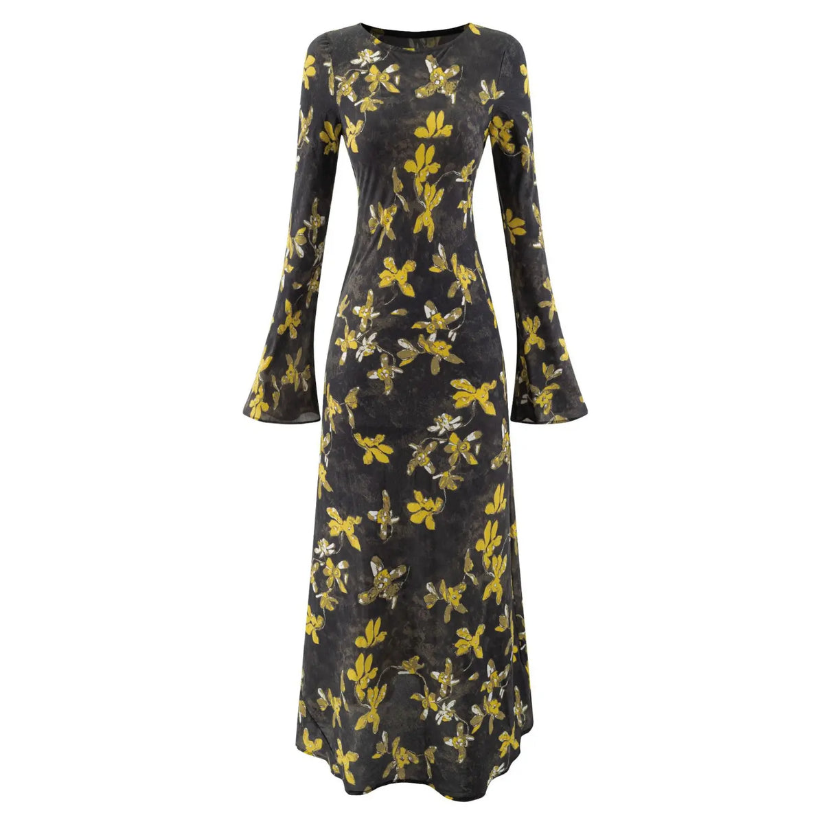 Front flat lay of floral print bell sleeve midi dress