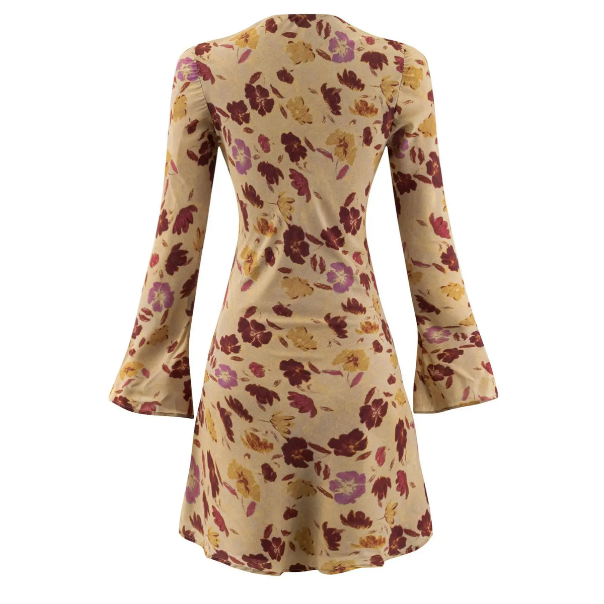 Back flat lay of floral print bell sleeve mini dress