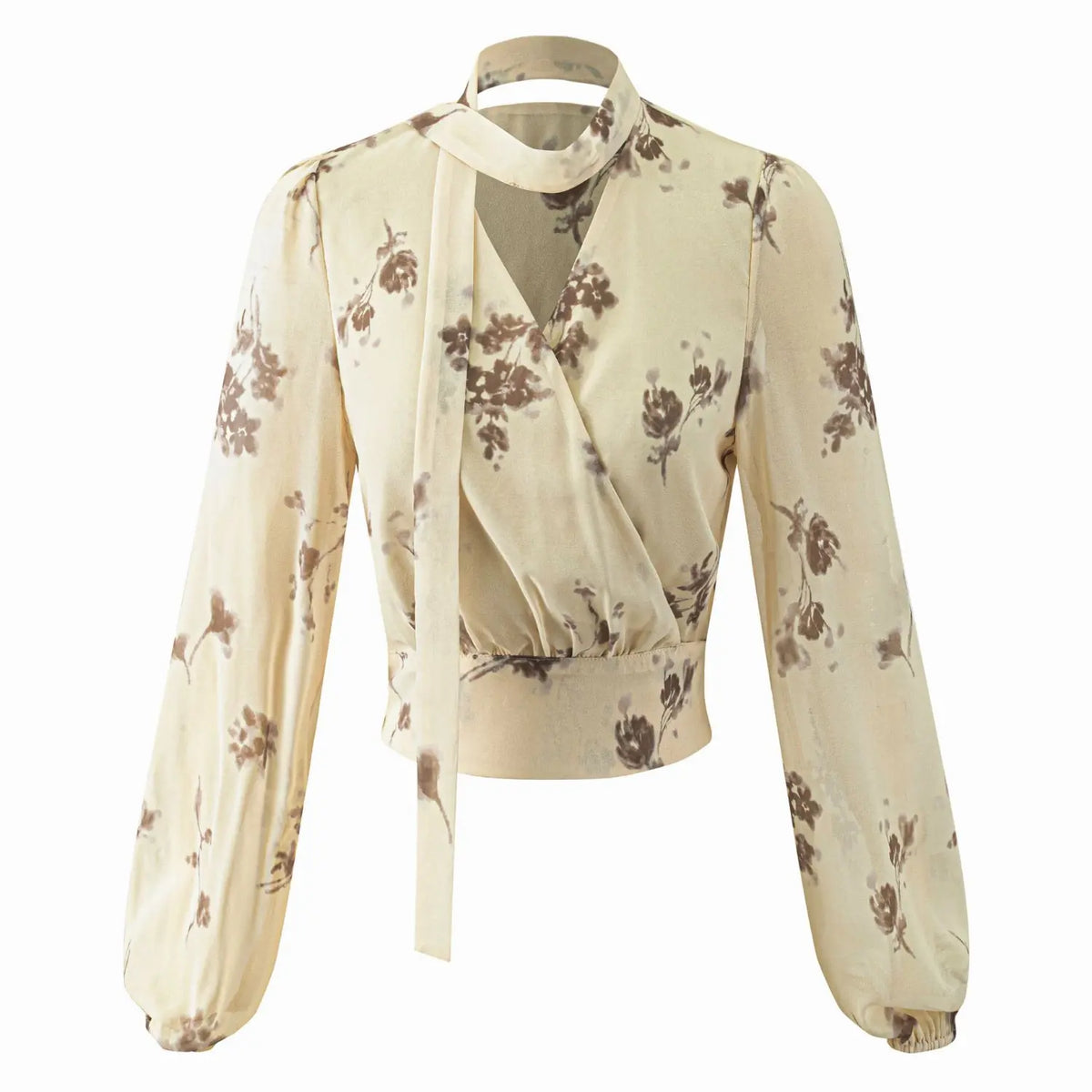 Front flat lay of floral print choker tie wrap blouse